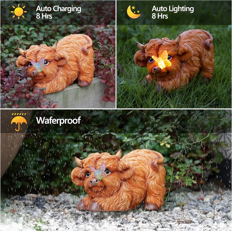 Roundot Store Highland Cow Solar Powered Outdoor Garden Statue, Resin Highland Cow Statue with Solar Light Lantern, Decorative Lawn, Yard Outdoor Highland Cow Decor. Unique home decorations, gifts for women - Image 5